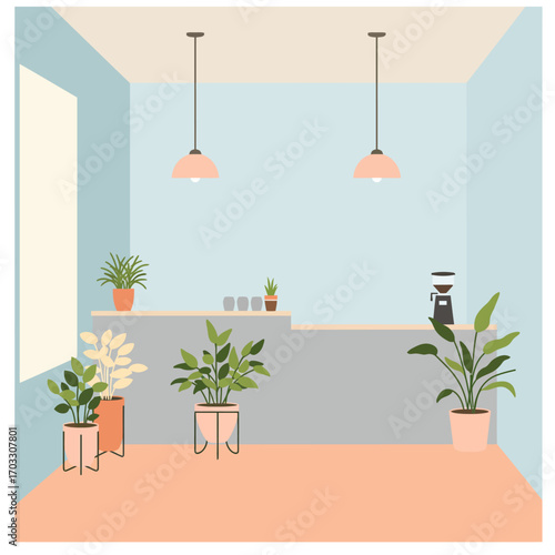 Stylish Cafe Interior with Green Plants and Soft Lighting Design