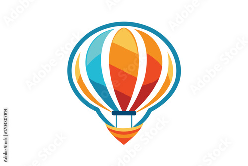 Colorful hot air balloon with segmented pattern floats upwards in a vibrant style