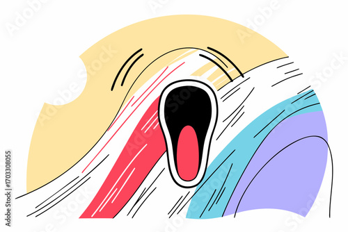 Vector art of a stylized illustration of a mouth screaming in agony, set against a colorful, abstract background