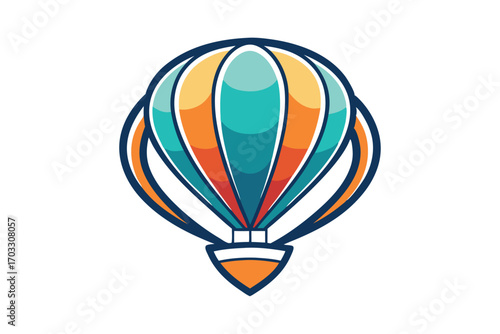 Teal orange and white hot air balloon floats peacefully on the clear background