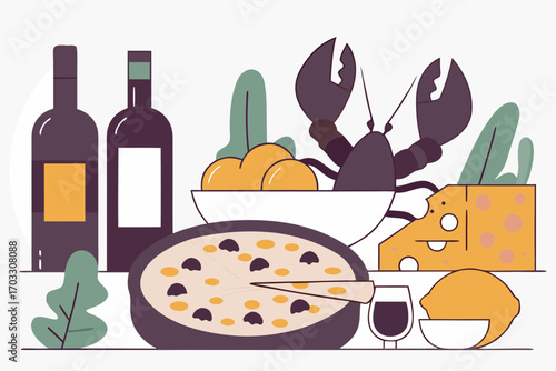 Vector art of a delightful arrangement of food and drink, including wine, cheese, lobster, and pizza, , perfect for a feast