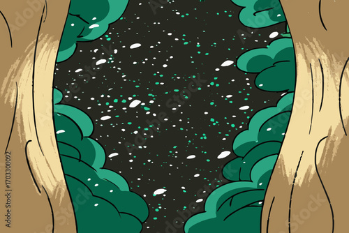 Vector art of a view of the night sky with stars and clouds through a gap in trees, creating a sense of wonder and mystery
