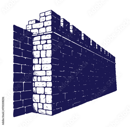 Ancient fortress wall in perspective showing textured brick and battlements on white background