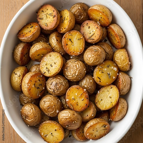 Roasted potato halves, seasoned with herbs and salt, are displayed in a white bowl.