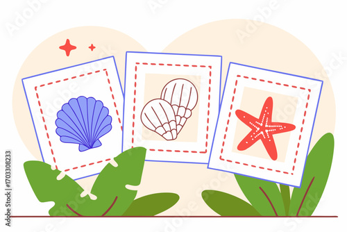Vector art of a delightful vector illustration showcasing seashells and a starfish framed in square polaroidstyle frames, evoking a beachy and summery vibe