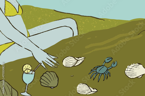 Vector art of a serene vector illustration of a woman relaxing on a beach with seashells, a crab, and a cocktail, capturing a peaceful summer scene
