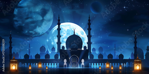 Mystical mosque silhouette under a vast, moonlit sky with celestial bodies.