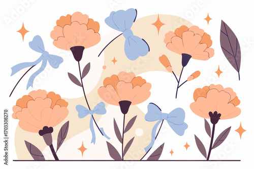 Vector art of a charming vector illustration featuring carnation flowers, ribbons, and stars, creating a whimsical and delightful floral arrangement