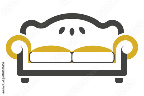 Stylish grey and golden couch displays elegant simplicity, set against a clean white backdrop