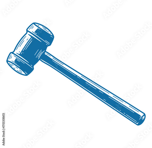 Blue hand drawn woodcut illustration of a traditional gavel used for law and justice