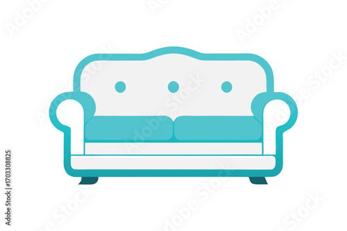 Simplified couch boasts rounded armrests and teal accents against a white background