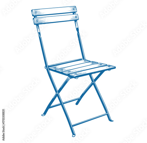 Blue line art illustration of a classic folding outdoor chair on a white background