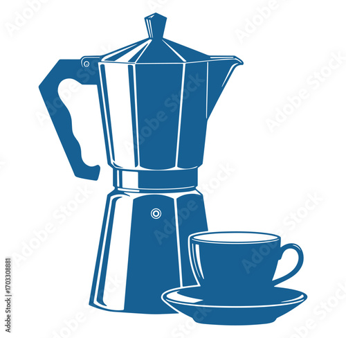 Blue italian moka pot and espresso cup with saucer coffee related illustration