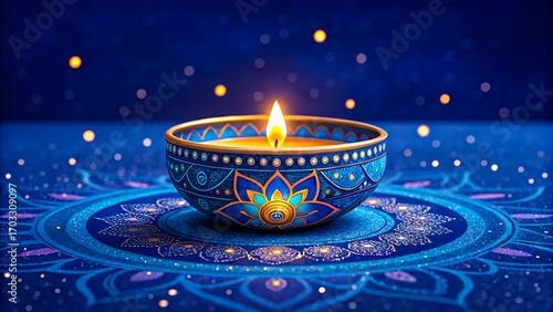 Blue decorative oil lamp with glowing flame on festive background
