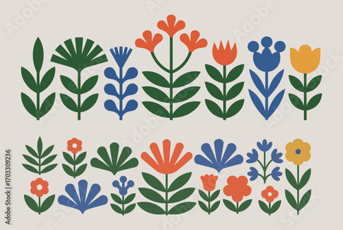 Scandinavian Folk Art Inspired Floral Pattern With Stylized Flowers In Bold Geometric Shapes And Vibrant Colors On A Neutral Background