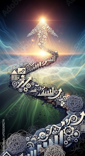 A dynamic, winding path of progress, illustrated with numerous business symbols, ascends towards a radiant light source, conveying a sense of upward momentum and achieving success.