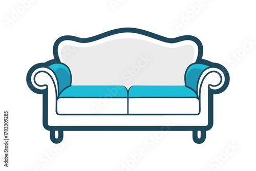 A modern couch showcases a white backrest and blue seat cushions on white