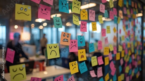 Colorful sticky notes with various facial expressions on a glass wall in a busy office environment