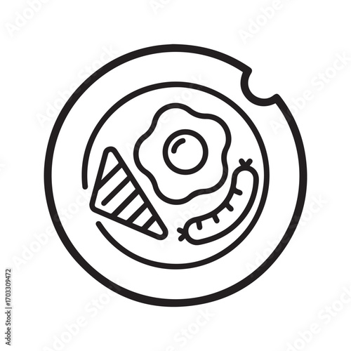 Breakfast plate icon with fried egg, sausage, and toast. Full English or American breakfast line art vector for a morning meal, brunch, or cafe menu.
