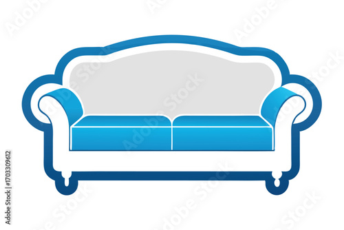 Modern styled couch features a striking blue outline and seats against white space