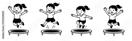 Set of four vector cartoons of girl jumping on a trampoline