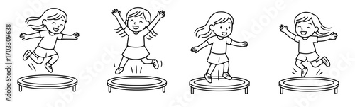 Four sketches of girl jumping on a trampoline