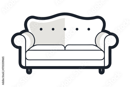 Modern white sofa is outlined in bold black lines with simple shapes and design