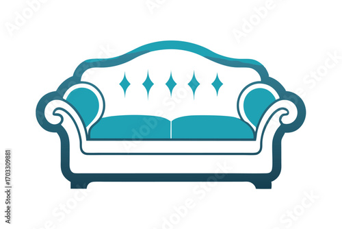 An elegant sofa exhibits teal upholstery and graceful white trim on a clean background