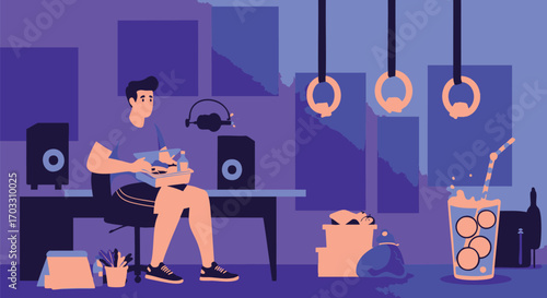 A focused young man works diligently at his desk, engrossed in a creative endeavor, with a cat resting nearby and a refreshing drink