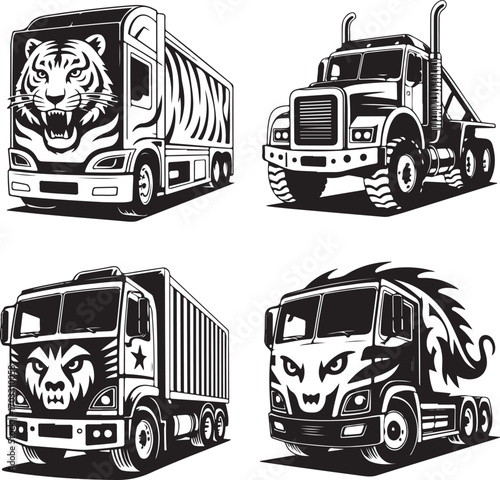 Four Black and White Vector Illustrations of Trucks with Animal Faces semi-truck tractor-trailer