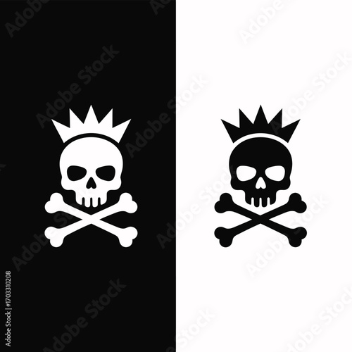 Black and white image of skull and crossbones with crown on separate backgrounds split down the middle