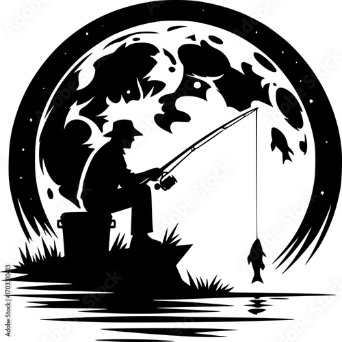 Serene Angler Under Moonlit: A lone figure casts a fishing rod beneath the radiant glow of the moon, a moment of quiet contemplation in the heart of nature.