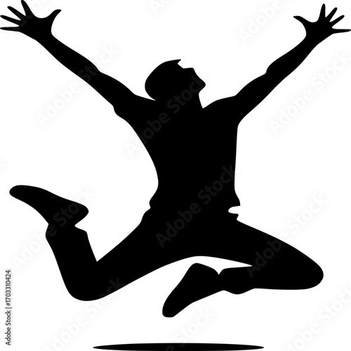 Dynamic silhouette: Capturing the silhouette of an individual expressing exuberant joy with raised arms and a mid-air leap. 