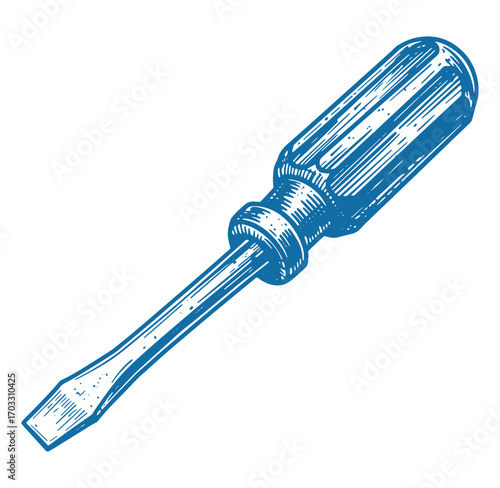 Detailed blue engraved illustration of a flathead screwdriver tool isolated on white background