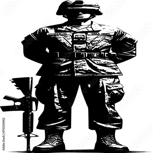 Solider Silhouette: A silhouette of a courageous soldier, clad in military uniform, standing tall with a firearm at the ready, embodying strength and duty. 