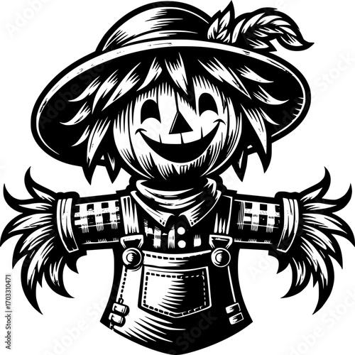 Joyful Scarecrow's Embrace: This adorable scarecrow, with a charming smile and welcoming pose, is ready to welcome you to autumn.