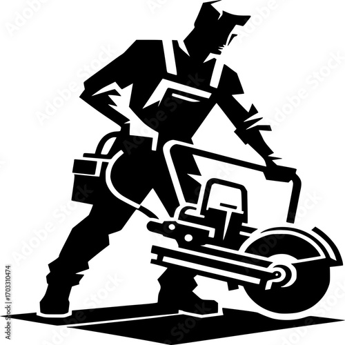 Construction Worker with Circular Saw: A skilled construction worker is depicted operating a circular saw with precision and expertise, focused on a new building project.