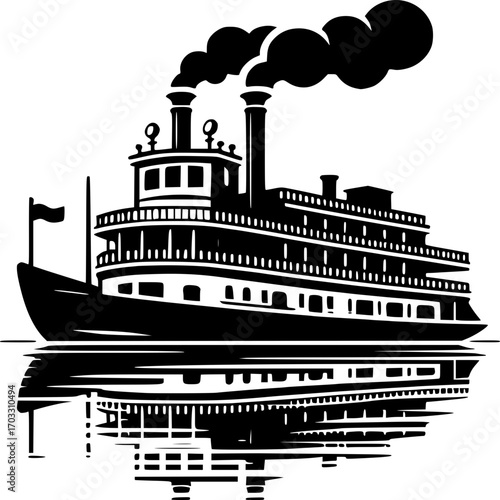 Steamboat silhouette at water: A black silhouette of a classic steamboat on serene water with the iconic image of smoke billowing. Capturing an essence of classic river journey and adventure.