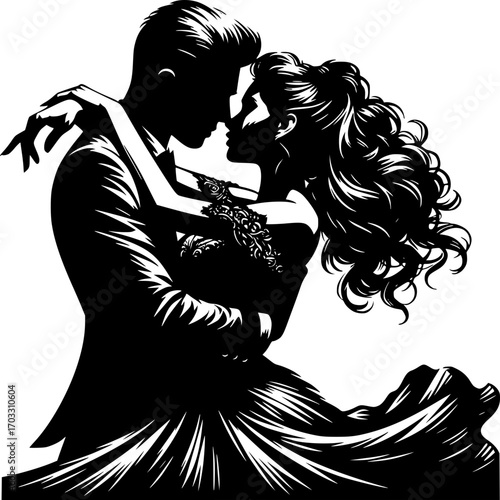 Elegant Couple's Embrace: A silhouette captures the intimate moment of a couple dancing, their forms merging in an artistic display of love, grace, and passion.