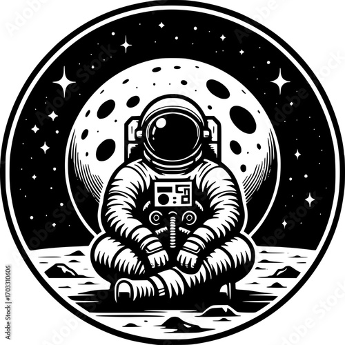 Lunar Contemplation: An astronaut sits in silent meditation on the moon's surface, in a moment of cosmic peace.