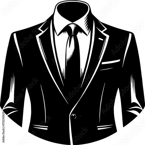 Classic Attire: A striking black and white illustration showcases a tailored suit, an emblem of style and confidence. The image represents elegance, making it perfect for design and business context.