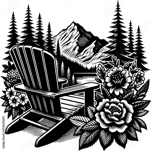 Serene Retreat: A black and white depiction of an inviting Adirondack chair, nestled amidst towering pines, blooming flowers, and majestic mountains, evoking tranquility and escape.