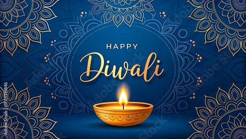 Happy diwali greeting with glowing diya lamp and decorative mandala on blue background
