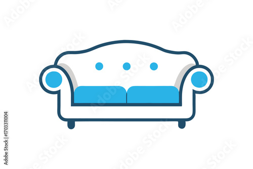 A simplistic white sofa with blue accents showcases contemporary furniture icon isolated perfectly
