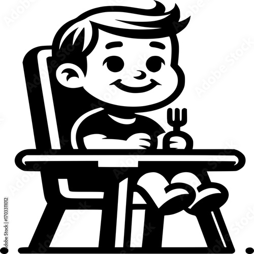 Little Diner: An endearing cartoon illustration of a happy child seated in a high chair, anticipating a delicious meal with a fork.