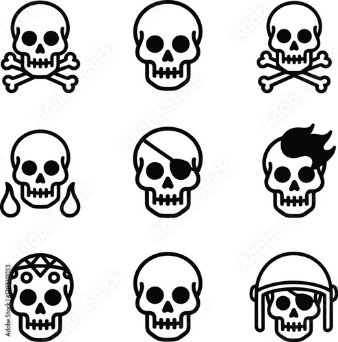 Collection of nine different skull icons with various designs and styles in a grid arrangement