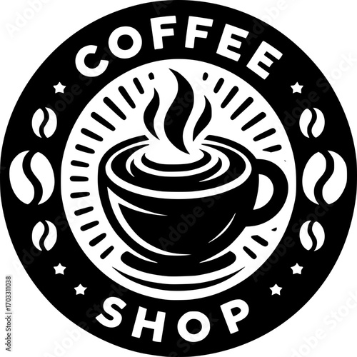 Coffee Shop Icon: An emblematic coffee shop icon, meticulously crafted with intricate linework, showcasing a steaming cup of coffee alongside coffee bean.