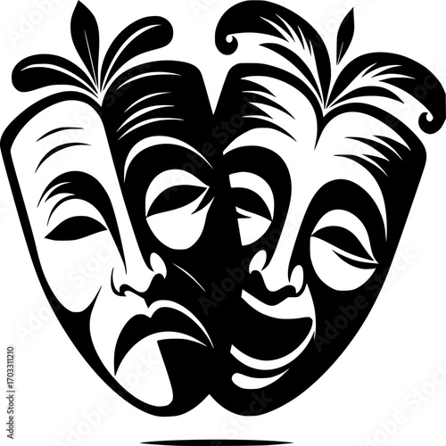 🎭🎭: Theatre masks symbolizing the duality of human emotions in a dramatic display of black and white.