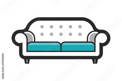 Stylized sofa with teal cushions and a white frame evokes comfortable minimalist furniture