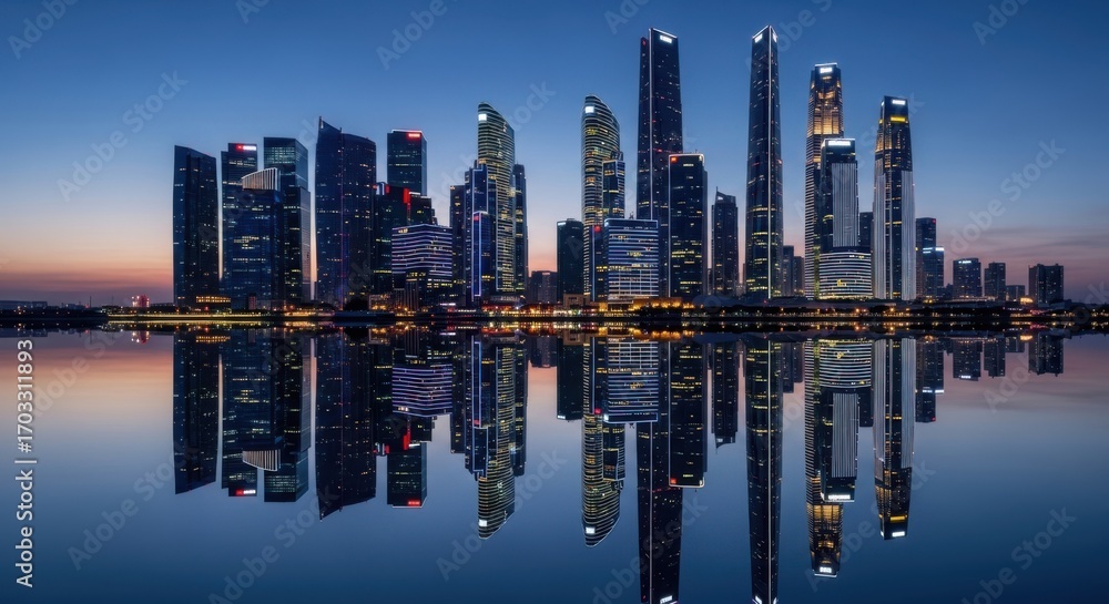 Obraz premium Stunning cityscape reflection at dusk with modern skyscrapers illuminating the twilight sky over calm water showing urban development and city lights.